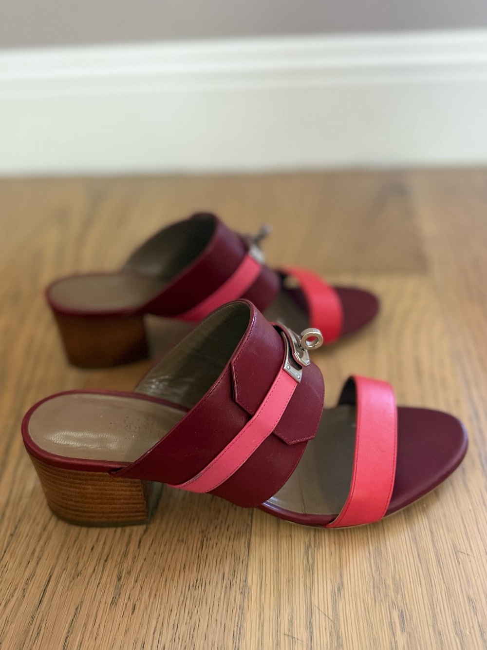 Hermes Two-Tone Burgundy & Pink Leather Block Heel Mules Size 38
